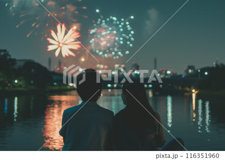 花火を見るカップルの後ろ姿 116351960