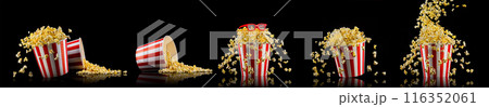 Flying popcorn from striped bucket isolated and 3d glasses on black background 116352061