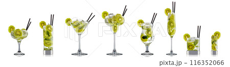Set of cocktails with decoration from fruits isolated on white background Set of cocktails with decoration from fruits isolated on white background 116352066
