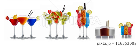 Set of cocktails with decoration from fruits isolated on white background Set of cocktails with decoration from fruits isolated on white background 116352088
