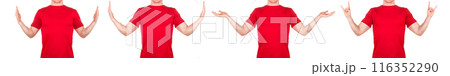 Man in red t-shirt showing or holding something in his arm on white background Man in red t-shirt showing or holding something in his arm on white background 116352290