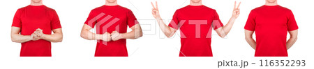 Man in red t-shirt showing or holding something in his arm on white background Man in red t-shirt showing or holding something in his arm on white background 116352293