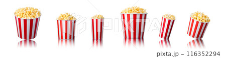 Set of paper striped bucket with popcorn isolated on white background Set of paper striped bucket with popcorn isolated on white background 116352294