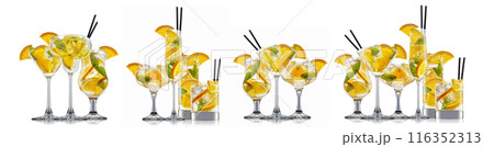 Set of cocktails with decoration from fruits isolated on white background Set of cocktails with decoration from fruits isolated on white background 116352313