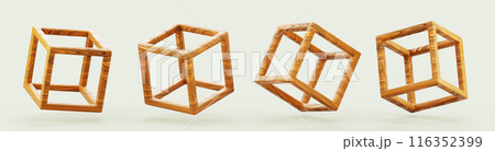3d wooden cube block frame, wireframe square box in different angles render icon set. Abstract geometric object from line grid with wood texture, design element isolated on background. 3D illustration 116352399