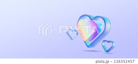 St Valentine Day 3d background with flying glass transparent heart frames and color light rainbow neon holographic gradient. Crystal balloon love symbol render banner with copy space. 3D illustration 116352457