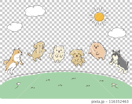 草原でジャンプする犬たちのイラストセット 116352463