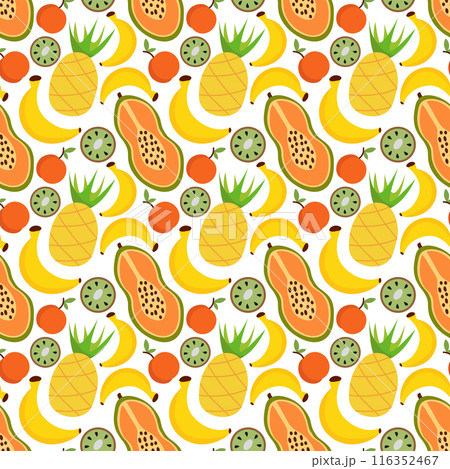 Seamless Pattern with fruits. Concept of healthy food and products. Summer food background. Pineapple, papaya, banana, kiwi, peach. Vector flat illustration. Seamless Pattern with fruits. Concept of healthy food and products. Summer food background. Pineapple, papaya, banana, kiwi, peach. Vector flat illustration. 116352467