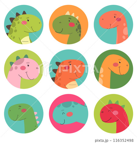 A collection of chip avatars with dinosaurs, funny dinosaur avatars in a cartoon flat style. Vector isolates.	 116352498