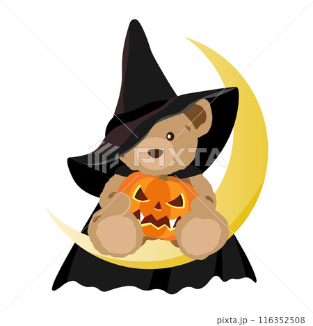 三日月に座ったハロウィン仮装のクマのぬいぐるみのイラスト 116352508