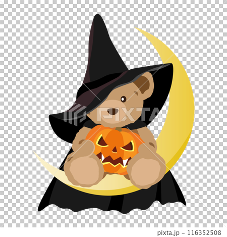Illustration of a teddy bear dressed as a Halloween costume sitting on a crescent moon 116352508