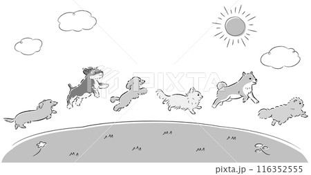 草原を走る犬たちのイラストセット 116352555