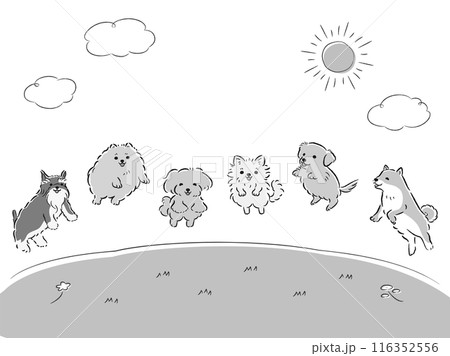 草原でジャンプする犬たちのイラストセット 116352556