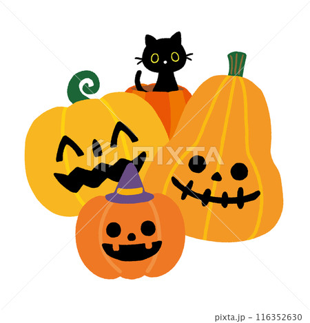 ハロウィンのカボチャと黒猫のイラスト 116352630