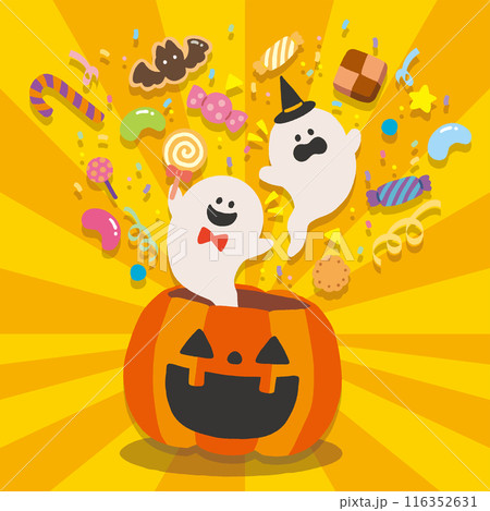 ハロウィンのカボチャから飛び出すお菓子とお化けのイラスト 116352631