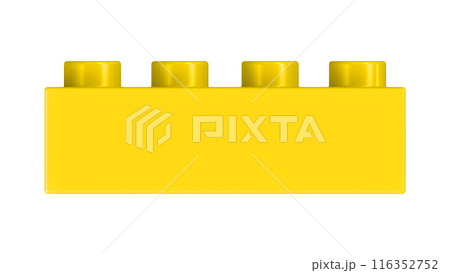 Gold Lego Block Isolated on a White Background. Close Up View of a Plastic Children Game Brick for Constructors, Front View. High Quality 3D Rendering with a Work Path. 8K Ultra HD, 7680x4320, 300 dpi 116352752