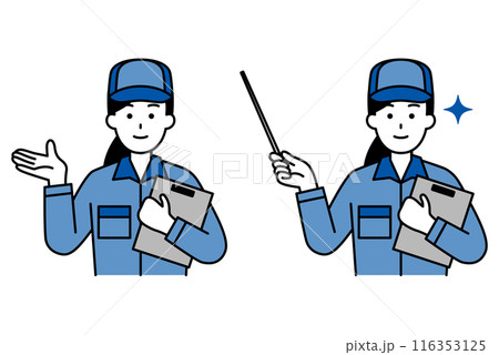 資料を持って説明するつなぎ作業服の女性　セット 116353125