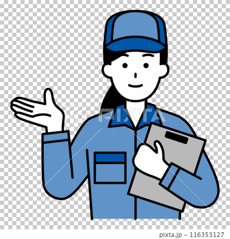 A woman in overalls explaining something 116353127