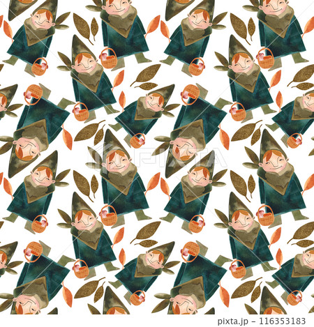 Watercolor seamless patern with autumn gnomes . Seasonal wrapping paper. Fall. Raster illustration for packaging, wallapers, wrapping paper, textile. White background 116353183
