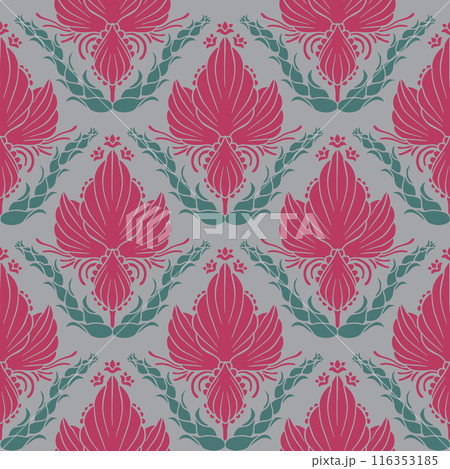 Seamless pattern of magenta Damask motifs on a gray background 116353185