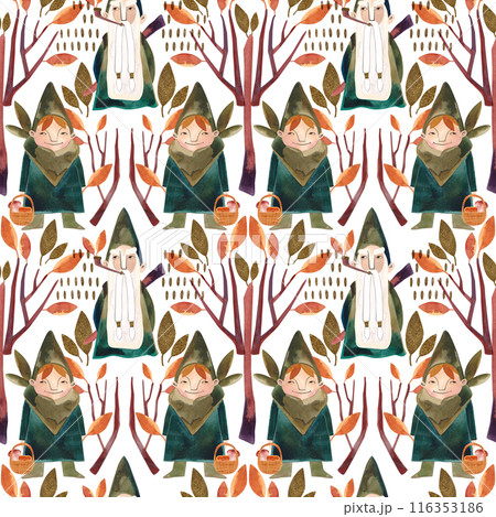 Watercolor seamless patern with autumn gnomes . Seasonal wrapping paper. Fall. Raster illustration for packaging, wallapers, wrapping paper, textile. White background 116353186