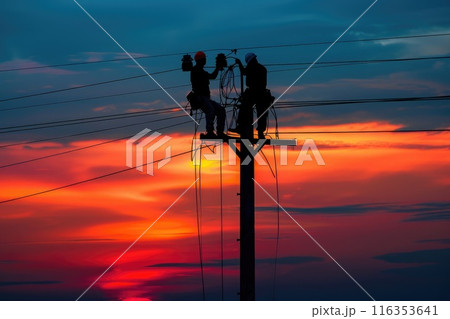Tireless service: men working on electricity pole, experienced workers addressing breakdown in the electricity supply, ensuring restoration of power, labour day with dedication and expertise. 116353641