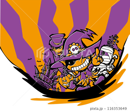 イラスト<ハロウィンキャラ背景・魔法使い・ドラキュラ・ミイラ男> イラスト<ハロウィンキャラ背景・魔法使い・ドラキュラ・ミイラ男> 116353649
