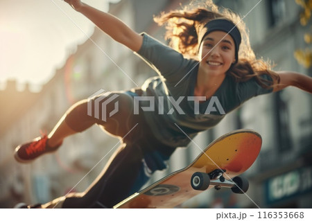 Female skateboarder - the fearless women carving their mark in the world of skateboarding, breaking stereotypes with every kickflip and grind. 116353668