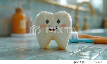 Comprehensive oral care: toothbrush cleaning teeth, importance of dental hygiene, focus on maintaining healthy gums, bright smile through proper brushing techniques, routine care. 116353716