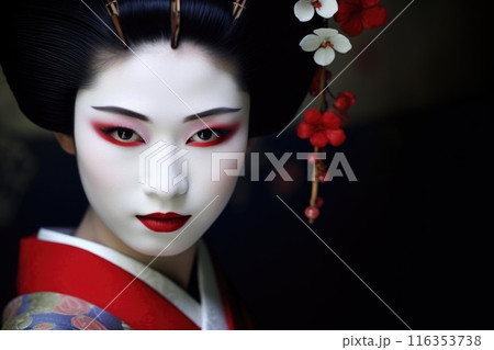 Cultural elegance - portrait geisha, intricate beauty, grace of traditional japanese attire, refined makeup, elaborate hairstyle, timeless allure of geisha artistry and cultural heritage. Cultural elegance - portrait geisha, intricate beauty, grace of traditional japanese attire, refined makeup, elaborate hairstyle, timeless allure of geisha artistry and cultural heritage. 116353738