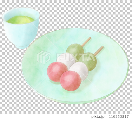 Three-color dumplings and tea watercolor 116353817