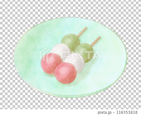 お皿に乗った三色団子 水彩 116353818