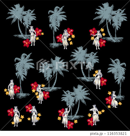 ヤシの木と踊るフラダンサーのイラスト素材, 116353821