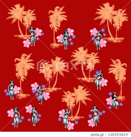 ヤシの木と踊るフラダンサーのイラスト素材, 116353824