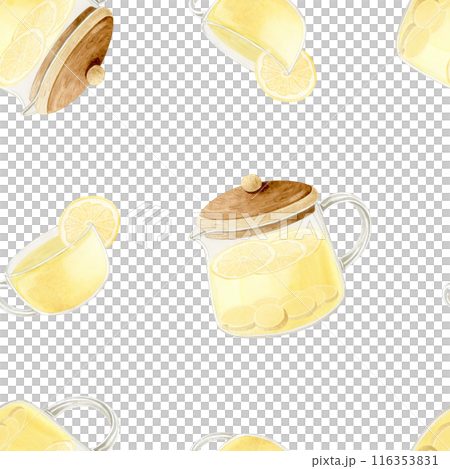 Lemon tea in glass teapot and cup watercolor seamless pattern on white background. Hand drawn organic herbal hot drink with ginger slices for fall and winter 116353831