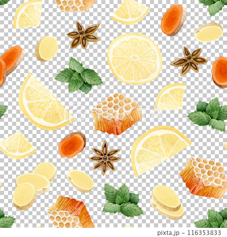 Lemon, honey, ginger, turmeric slices, spearmint and anise stars watercolor seamless pattern on white background. Organic citrus and herbal mix for green tea, vegan shops and natural healthy products Lemon, honey, ginger, turmeric slices, spearmint and anise stars watercolor seamless pattern on white background. Organic citrus and herbal mix for green tea, vegan shops and natural healthy products 116353833