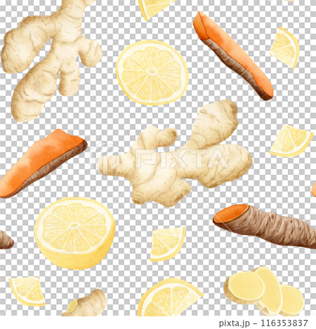 Ginger, turmeric and lemon slices watercolor seamless pattern on white background. Raw curcuma vegetable and spicy herb mix, natural ingredient for cooking, organic tea and curry spice Ginger, turmeric and lemon slices watercolor seamless pattern on white background. Raw curcuma vegetable and spicy herb mix, natural ingredient for cooking, organic tea and curry spice 116353837
