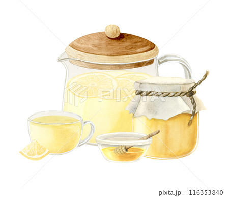 Herbal tea with lemon and honey in rustic glass jar and bowl watercolor illustration clipart in realistic style isolated on white. Natural products for fall and winter hot drinks Herbal tea with lemon and honey in rustic glass jar and bowl watercolor illustration clipart in realistic style isolated on white. Natural products for fall and winter hot drinks 116353840