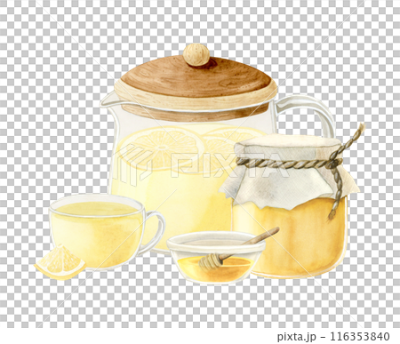 Herbal tea with lemon and honey in rustic glass jar and bowl watercolor illustration clipart in realistic style isolated on white. Natural products for fall and winter hot drinks 116353840