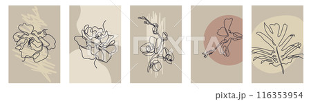 Abstract minimalist cards set with one continuous line bloom 116353954