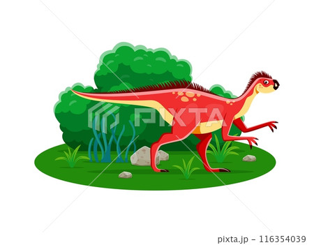Pegomastax prehistoric dinosaur character. Isolated cartoon vector ancient omnivore reptile animal, genus of small heterodontosaurid dino from the early jurassic period at lush natural landscape Pegomastax prehistoric dinosaur character. Isolated cartoon vector ancient omnivore reptile animal, genus of small heterodontosaurid dino from the early jurassic period at lush natural landscape 116354039