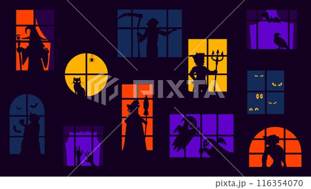 Halloween scary silhouettes in windows. Creepy and spooky vector haunted house facade with witch, devil and ghosts, vampire, grim reaper, black cat, raven and werewolf neighbors at horrible home Halloween scary silhouettes in windows. Creepy and spooky vector haunted house facade with witch, devil and ghosts, vampire, grim reaper, black cat, raven and werewolf neighbors at horrible home 116354070