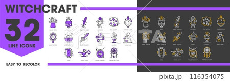 Witchcraft and magic line icons of mystery and esoteric astrology, vector symbols. Witchcraft and occult magic icons of witch elixir, voodoo doll and dream catcher, magician trick hat and magic lamp 116354075