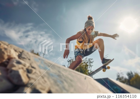 Board queens: female skateboarder - highlighting the skill, style, and resilience of women who defy expectations, embracing the thrill of the pavement and the freedom of the skatepark. 116354110