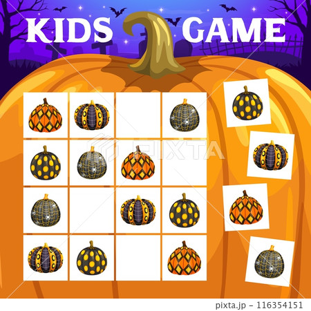 Halloween kids sudoku game with patterned pumpkins. Vector riddle worksheet with cartoon painted holiday gourds on checkered board. Educational children crossword teaser, recreational boardgame task 116354151