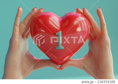 Sign of admiration like - beautiful girl holding a symbol with a red heart, number 1, thumbs up, expressing love and approval. Sign of admiration like - beautiful girl holding a symbol with a red heart, number 1, thumbs up, expressing love and approval. 116354188