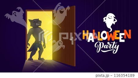 Halloween werewolf on opened door and funny ghost characters. October horror background, Halloween holiday party or autumn event vector banner with werewolf monster and ghost personages flying in door 116354189