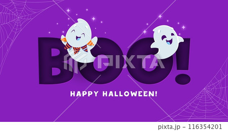 Halloween boo, funny kawaii ghost characters float with giggles. Vector banner with cute playful spooks, their spectral charm bewitches with adorable spookiness spreading laughter at night of mischief Halloween boo, funny kawaii ghost characters float with giggles. Vector banner with cute playful spooks, their spectral charm bewitches with adorable spookiness spreading laughter at night of mischief 116354201