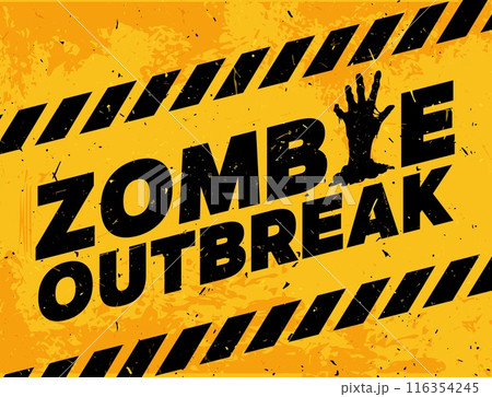 Halloween zombie monster outbreak warning caution, danger apocalypse. Vector awareness banner with yellow background, black grungy typography and creepy hand of corpse emerging from the ground 116354245