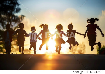 Happy children day: celebrating joy and innocence of childhood, honoring rights and well-being of children worldwide, promoting love, care, nurturing environments for their growth and development. 116354252